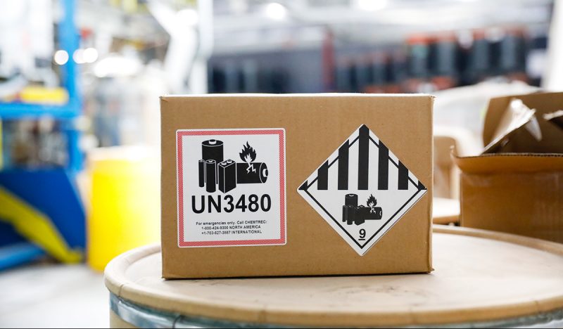 Shipping box with UN3480 and 9 hazard labels